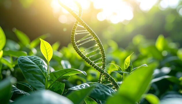 DNA helix amongst vibrant tea leaves. Sunlight illuminates the scene