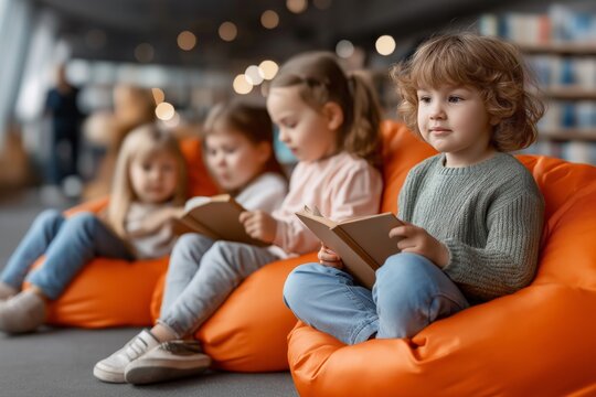A group of children are sitting on orange bean bags and reading books