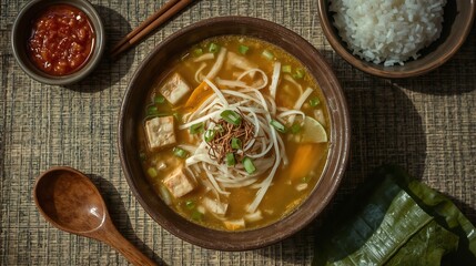 A traditional Indonesian soup with clear spiced broth, filled with shredded chicken, vermicelli, cabbage, and boiled egg, topped with fried shallots and served with sambal and rice for a warm