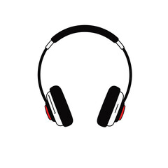 Obraz premium Stylish black and white headphones with red accent on white background, minimalism