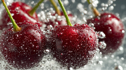 Close-up of cherries among bubbles of sparkling water 