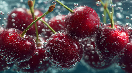 Close-up of cherries among bubbles of sparkling water 