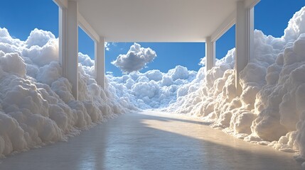 White colonnade hallway through puffy clouds, bathed in sunlight