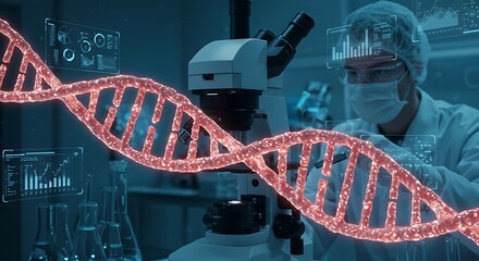 Luminous DNA Helix and Scientist in Advanced Biotech Lab with Holographic Data.