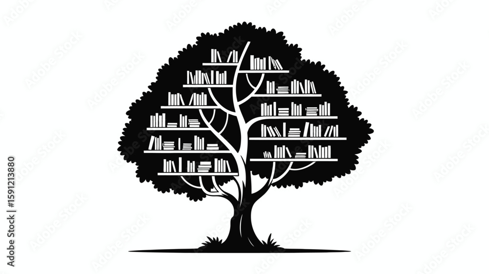 Poster tree of knowledge silhouette with bookshelf branches and foliage