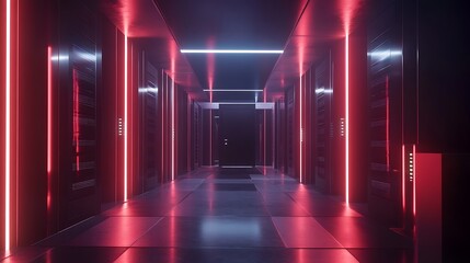 Neon-lit server room hallway