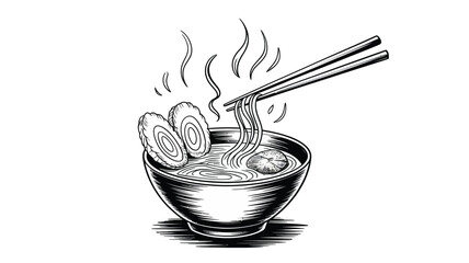 Hand drawn ramen bowl with chopsticks black and white illustration