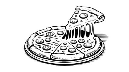 Black and white drawing of a pizza with a slice removed