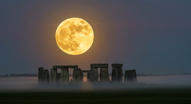 Stonehenge silhouetted against a large, bright full moon in a misty landscape at dusk.