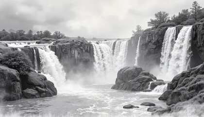 Obraz premium Majestic waterfall cascading over rocks in black and white 