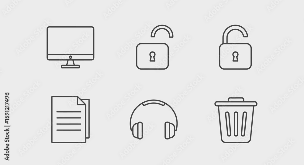 Fototapete digital icon set: a minimalist collection of tech-related icons, featuring a monitor, padlock, docum