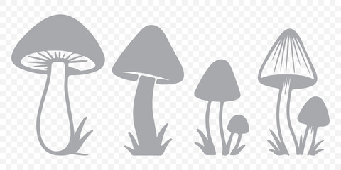 Mushroom silhouette icons - Set of twelve various mushroom designs for nature and botanical illustrations in Gray Color on Transparent Background. EPS 10.