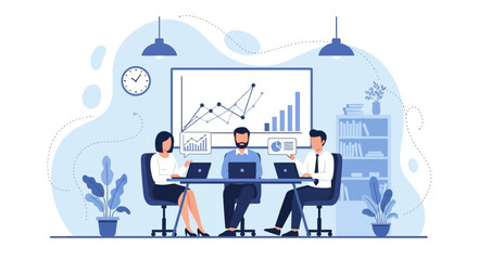 Business Meeting illustration: A group of professionals engaged in an animated business meeting within a modern, brightly lit conference room.