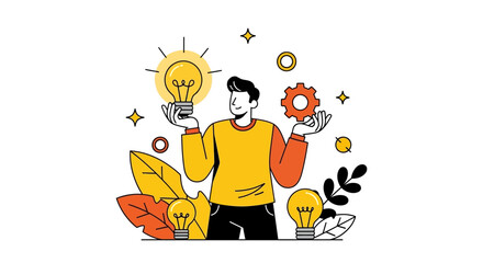 Idea Generation: A person holds a lightbulb and a cogwheel, symbolizing creativity and innovation, surrounded by additional light bulbs. It highlights problem-solving and ingenuity. 