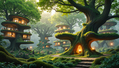 Fototapeta premium Enchanted forest with tree houses and pathways in vibrant greenery 