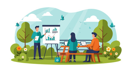 Naklejka premium Outdoor Business Presentation: A serene outdoor business setting, where a presenter passionately guides a team through a crucial presentation using dynamic infographics.