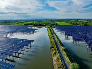 Photovoltaic panels overhead at sunset