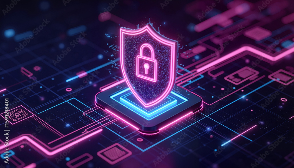 Fototapete Digital security shield icon with lock on glowing circuit background  