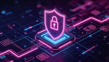 Digital security shield icon with lock on glowing circuit background  