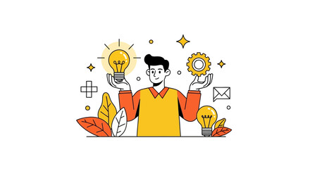 Brainstorming Brilliance: A modern illustration depicts a person generating ideas and problem-solving concepts, surrounded by light bulbs and gears, perfect for illustrating innovation and creativity.