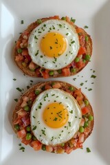 High resolution closeup photo of two slices of toasted bread topped with sunny side up eggs, fresh diced tomato, green peas and herbs on a white plate, perfect for breakfast food backgrounds

