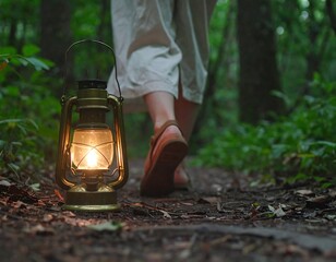 Woman walking on a forest path at twilight, lit by a vintage lantern