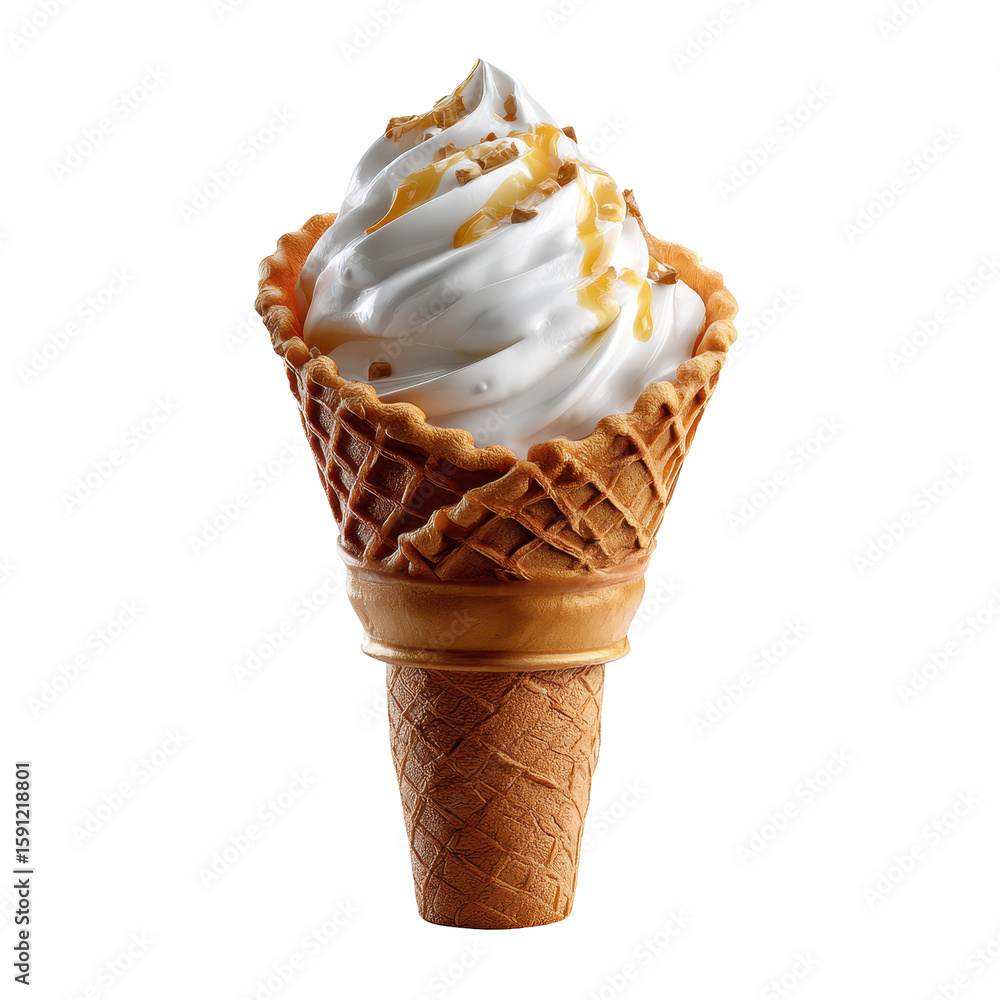 Aufkleber delicious soft-serve ice cream cone topped with caramel drizzle and nuts enjoyed on a sunny day