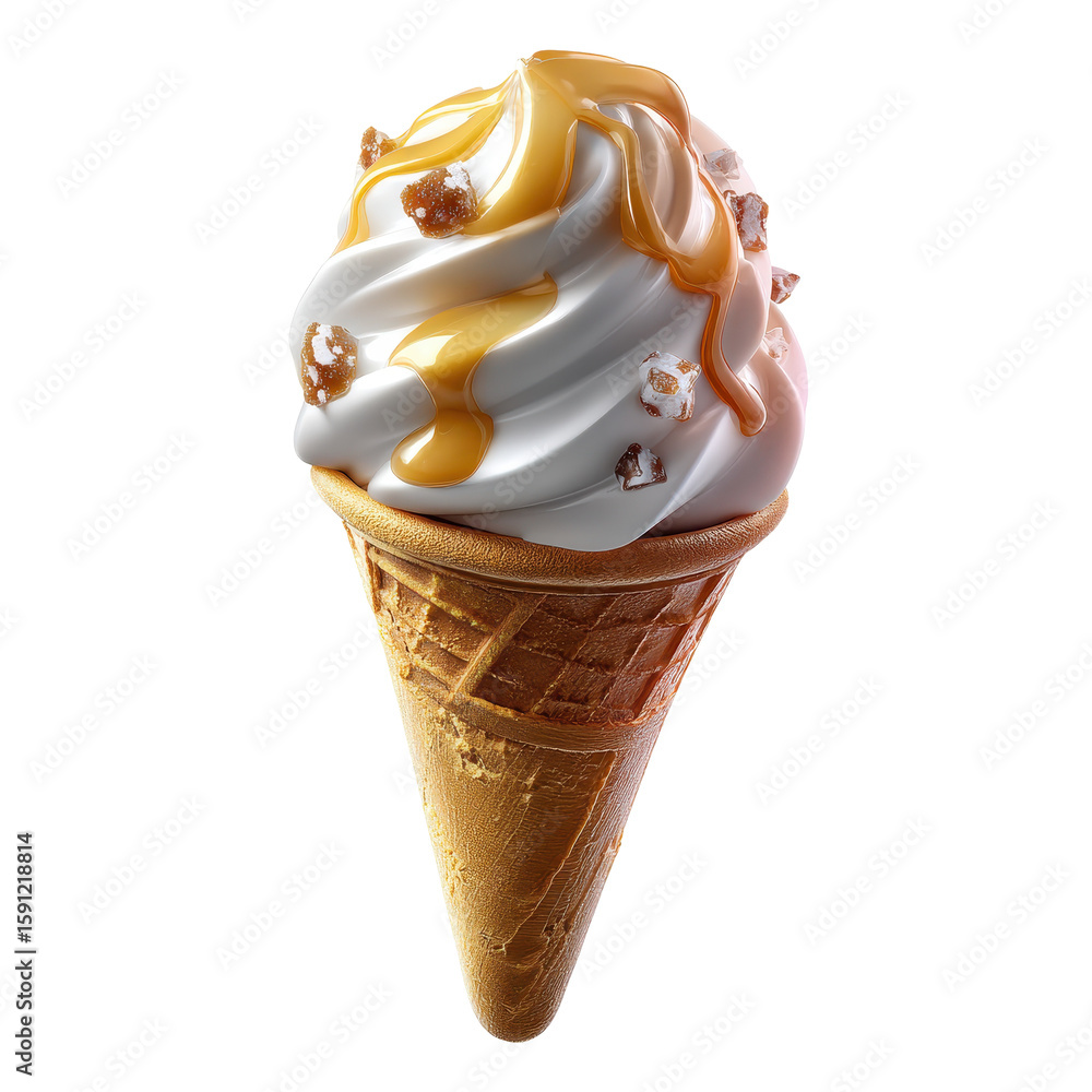 Aufkleber delicious soft serve ice cream topped with caramel drizzle and crunchy toppings in a waffle cone