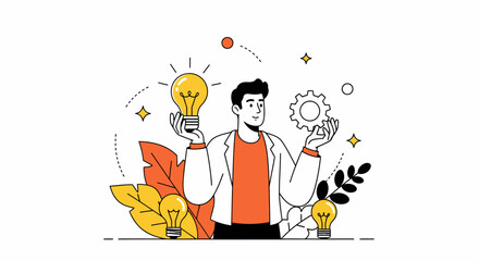 Obraz premium Illumination and Innovation: A visual representation of innovation, a figure stands confidently, illuminated by a bright lightbulb, symbolizing the spark of an idea