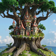 Naklejka premium Enchanted treehouse village nestled within a large tree trunk 