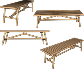 Vector sketch illustration of a unique classic, vintage, ethnic, traditional, rattan wooden long bench chair design 