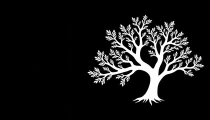 White tree silhouette with intricate branches on black background  
