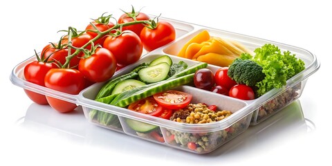 Tray of food with a variety of vegetables including tomatoes, cucumbers