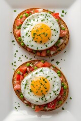 High resolution closeup photo of two slices of toasted bread topped with sunny side up eggs, fresh diced tomato, green peas and herbs on a white plate, perfect for breakfast food backgrounds

