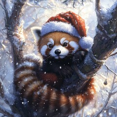 Ultra Realistic Red Panda Wearing a Santa Hat