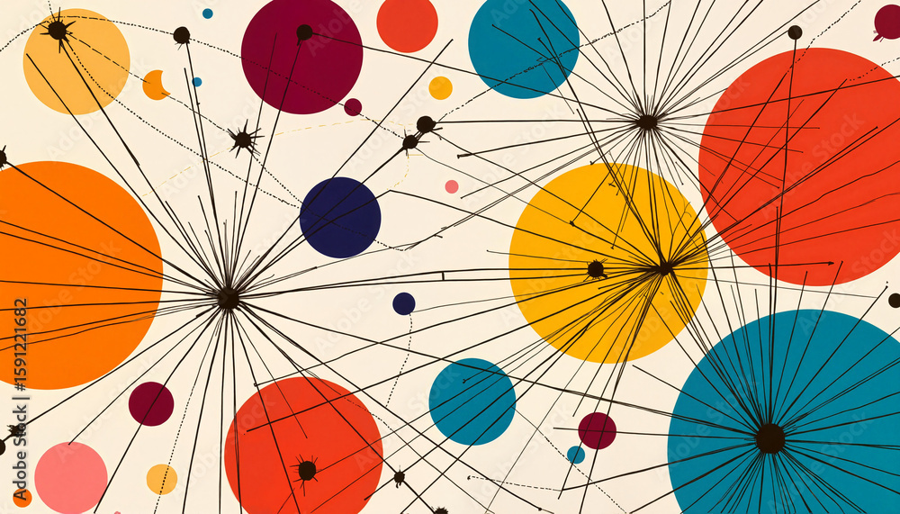 Poster abstract colorful circles connected by lines on light background