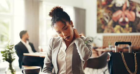 Business, neck pain and woman in cafe, stress and inflammation with fatigue, travel and investor. Person, global trader and employee in restaurant, bad posture and fibromyalgia with discomfort