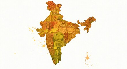 Abstract Watercolor Splash of Indian Subcontinent – Filled with Traditional Patterns, Cultural Symbols, and Festive Colors, Artistic Brush Strokes, Decorative Background, Editorial Art Style

