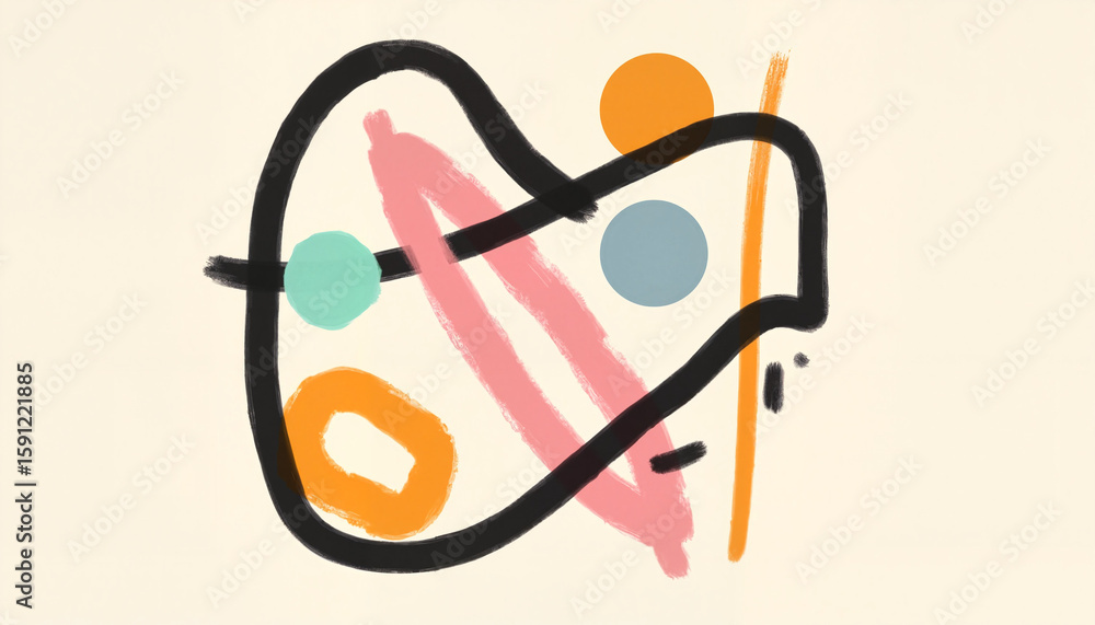 Poster abstract shapes with colorful dots and lines on neutral background