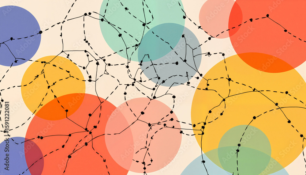Poster abstract colorful circles with connecting lines on light background