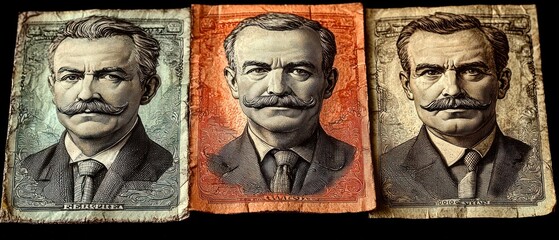 Triptych of aged, stylized portraits of mustachioed men in formal attire, reminiscent of old currency or stamps, set against a dark background