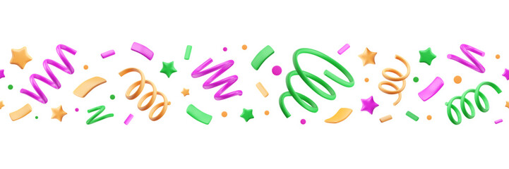 Border with 3d firecracker of confetti, stars, squiggles, dots. Party popper seamless pattern. Carnival streamer with plastic geometric shapes. Vector illustration for festivals, celebration events.