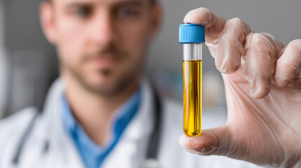 Doctor looks at the test tube with the test.