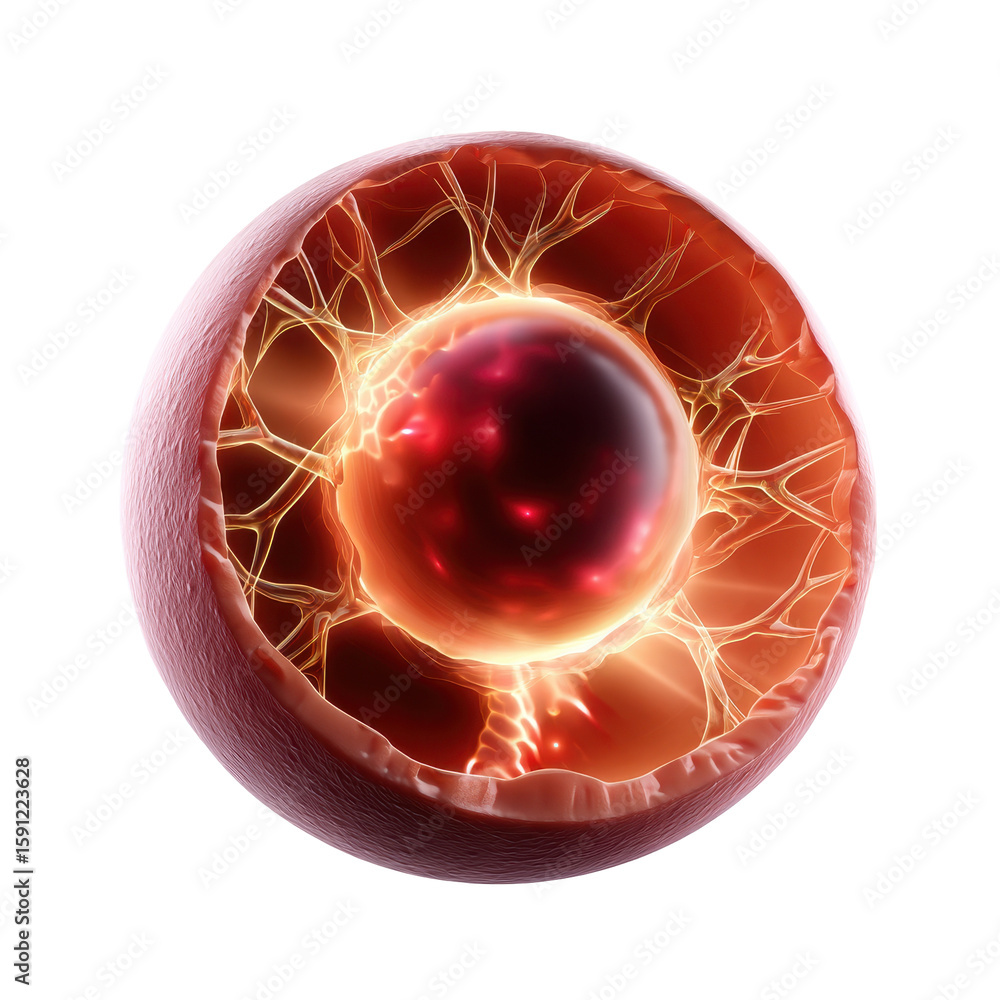 Poster detailed representation of a red blood cell with glowing nucleus and intricate structures