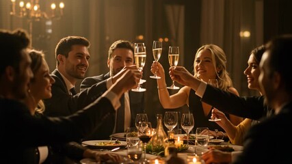 A group of friends happily toasting with champagne glasses during a celebratory dinner