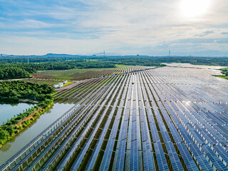 Photovoltaic panels overhead at sunset