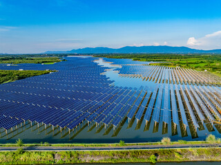 Photovoltaic panels overhead at sunset