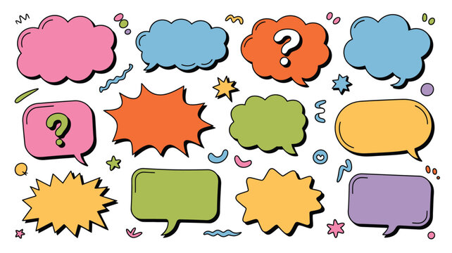 Seamless pattern of colorful speech bubbles and abstract shapes on white