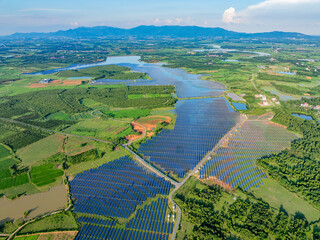 Photovoltaic panels overhead at sunset
