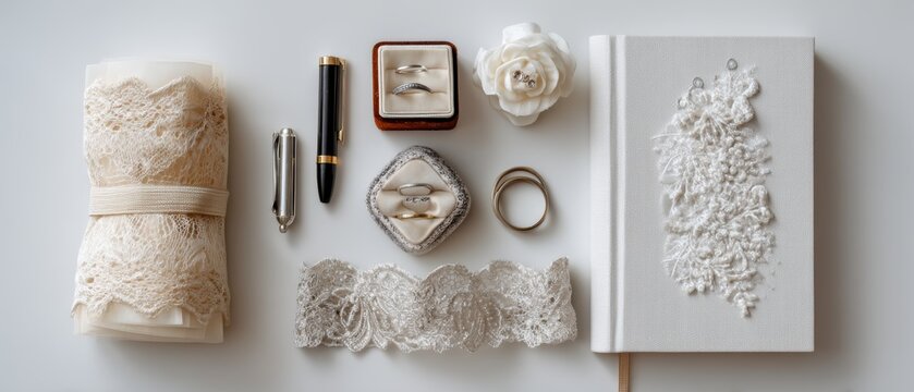Elegant wedding stationery and accessories layout.